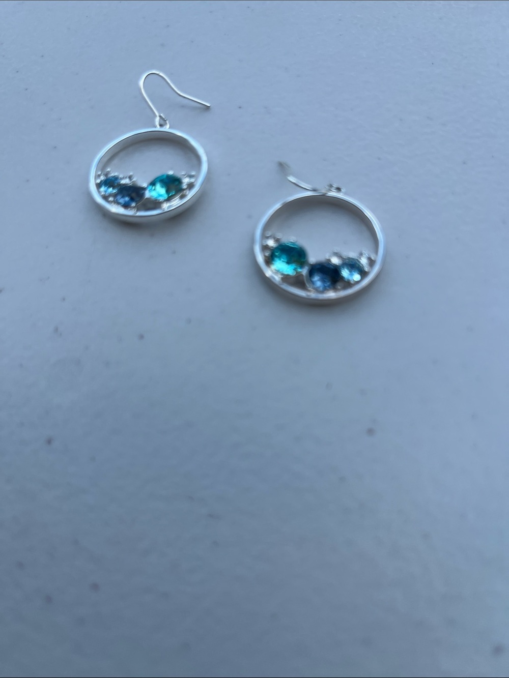 Silver Hoop Earrings with Blue and Teal Crystal Accents
